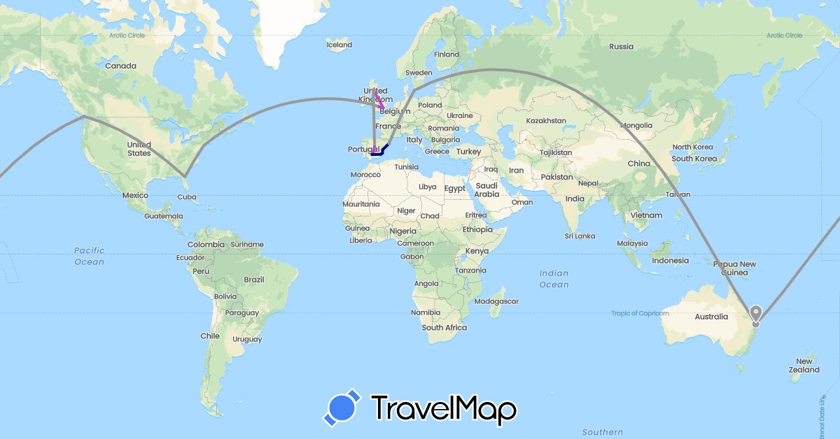 TravelMap itinerary: driving, plane, train in Australia, Canada, Denmark, Spain, United Kingdom, United States (Europe, North America, Oceania)